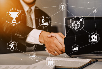 Achievement and Business Goal Success Concept - Creative business people with icon graphic...