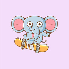 Cute elephant jump Playing Skateboard animal kawaii chibi character mascot illustration outline style