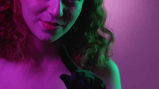 No gesture. Flirty woman. Charming burlesque lady elegant cocktail dress refuse stop admirer waving finger clicking tongue green neon purple gradient.