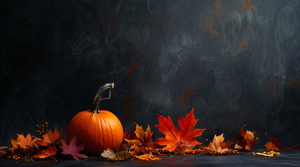 A nostalgic autumn scene with a pumpkin and fall foliage against a black backdrop, evoking memories of school days and the harvest season. Suitable for autumn-themed educational materials or...