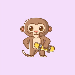 Cute monkey pose Playing Skateboard animal kawaii chibi character mascot illustration outline style