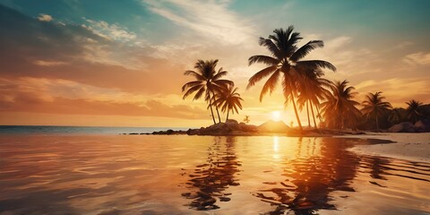 Stylized tropical beach scene with a warm sunset glow, featuring vibrant palm leaves and a sea reflecting the orange sun. Ideal for conveying relaxation and paradise vibes.