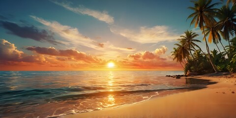 Stylized tropical beach scene with a warm sunset glow, featuring vibrant palm leaves and a sea reflecting the orange sun. Ideal for conveying relaxation and paradise vibes.