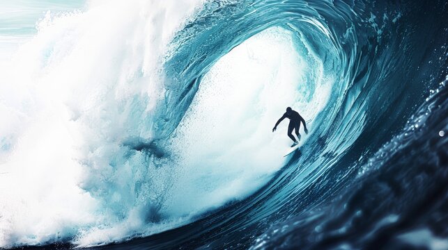 A surfer skillfully rides inside the barrel of a massive wave, capturing the exhilarating experience and raw power of the ocean
