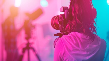 Obraz premium A camera operator films in a vibrant studio setting with pink and blue lighting, capturing the dynamic energy and creativity of a production environment