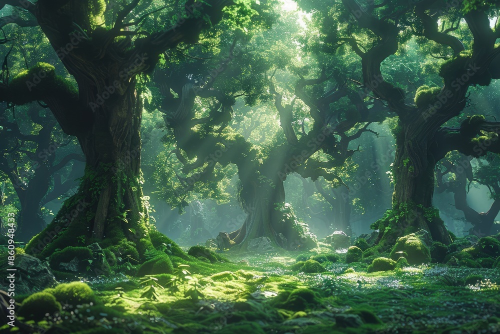 Poster enjoy a breathtaking view of a magical forest with tall trees and early light seeping through the br