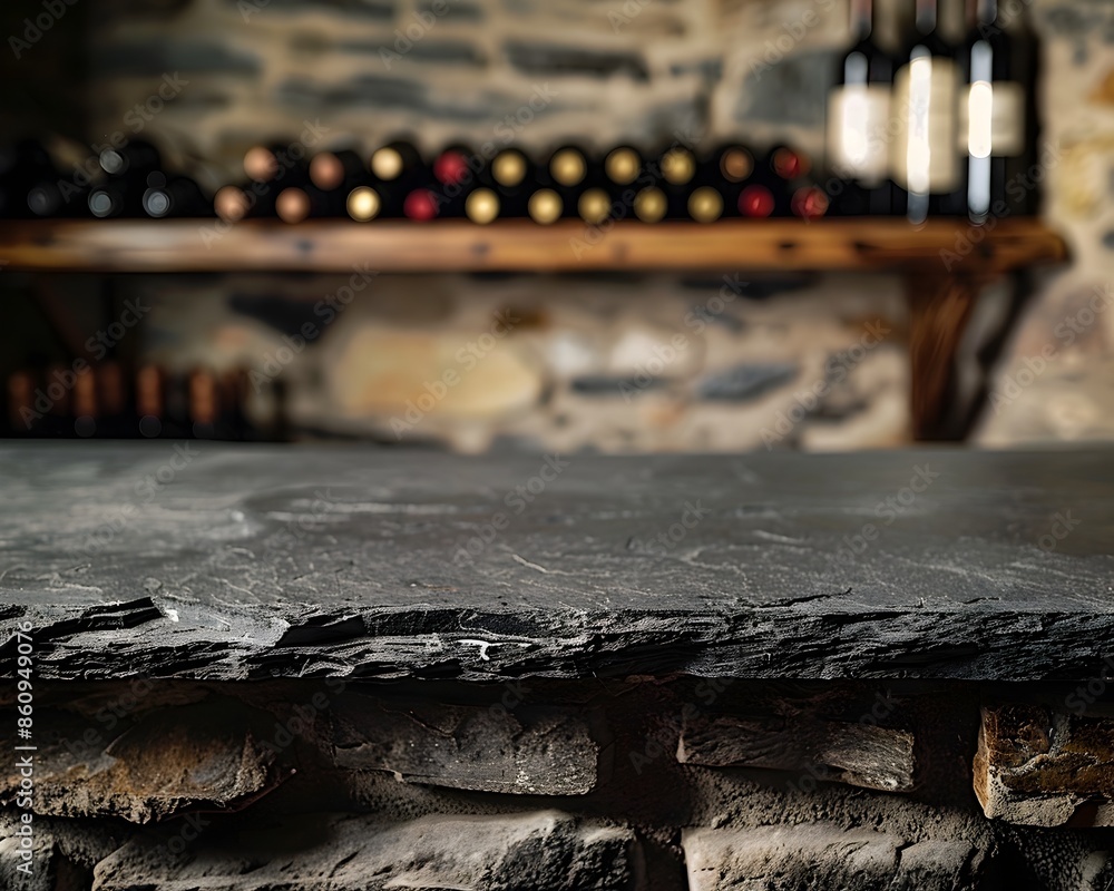 Poster empty slate table in premium wine cellar for displaying premium wine bottles