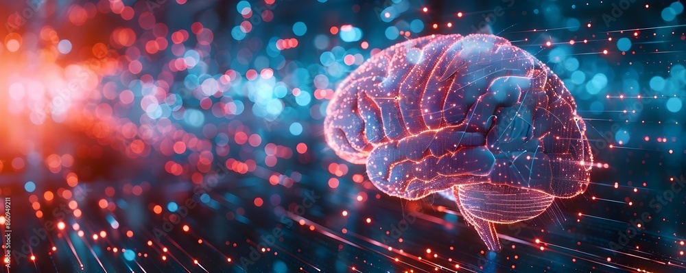 Poster futuristic brain with digital interfaces representing connectivity and information processing
