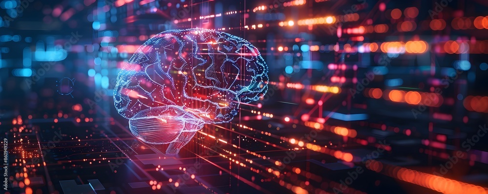 Poster futuristic brain with digital interfaces representing connectivity and information processing