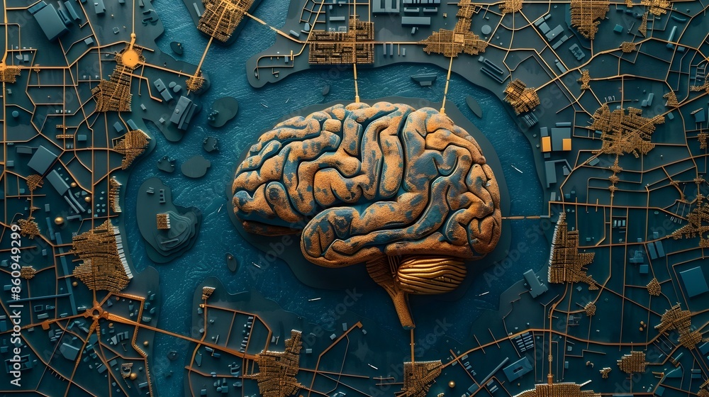 Poster a brain depicted as a network of city streets showcasing complexity and organization in a conceptual