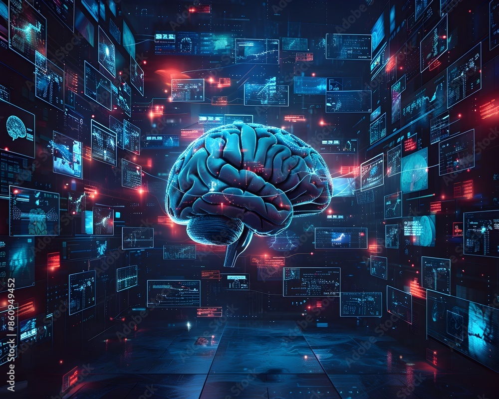 Poster digital brain surrounded by interconnected interfaces representing information overload and cognitiv