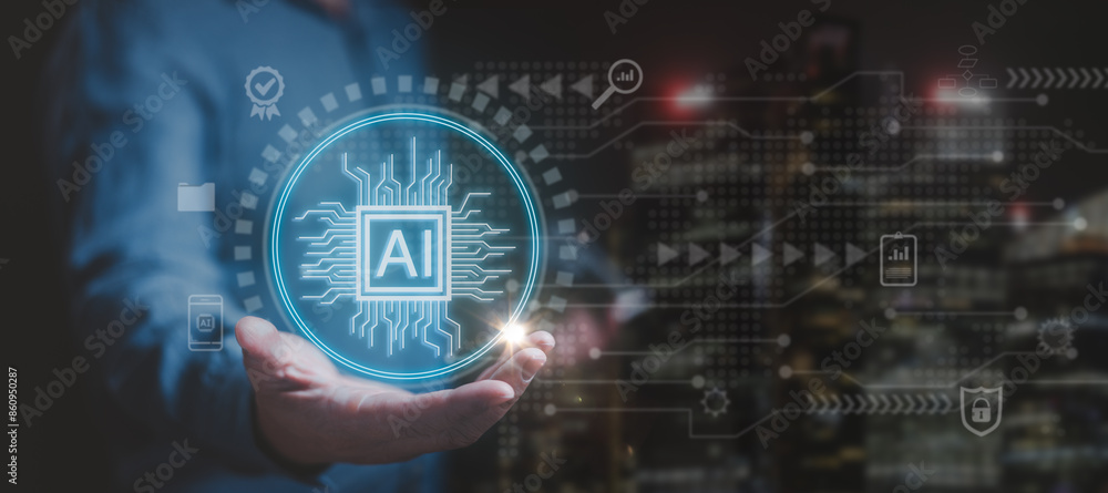 Poster businessman holding chipset object with letter ai in cityscape background. concept of artificial int