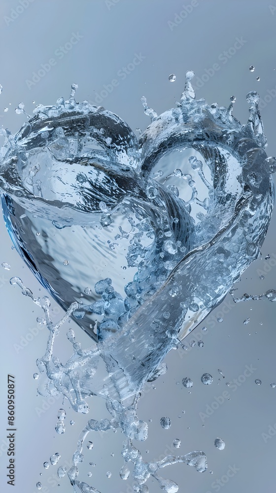 Poster liquid heart:a dynamic 3d rendered depiction of water splashing and flowing in heart shape