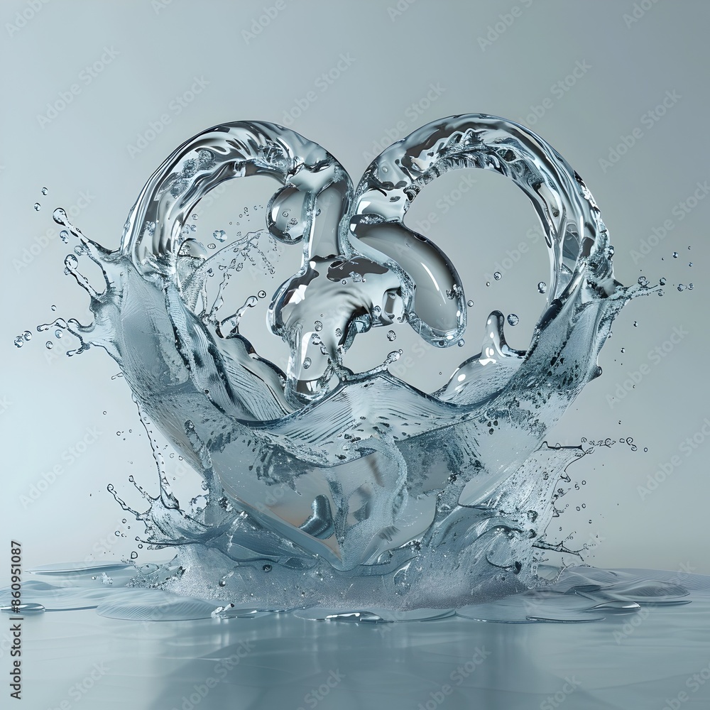 Poster pulsating water heart transforming into flowing waves on clean background