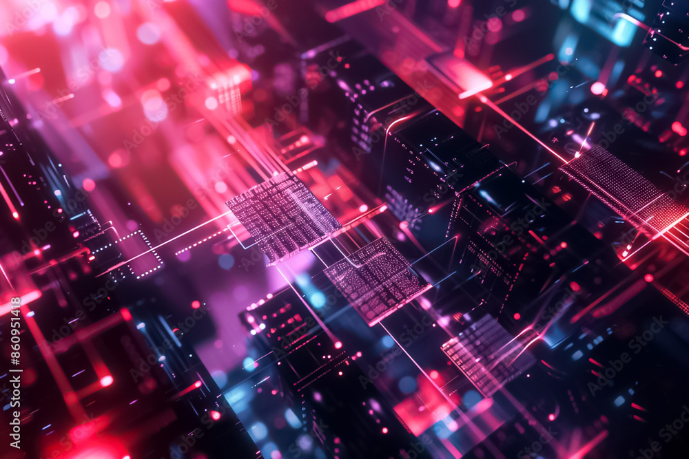 Poster a computer generated image of a cityscape with a lot of red and blue lights