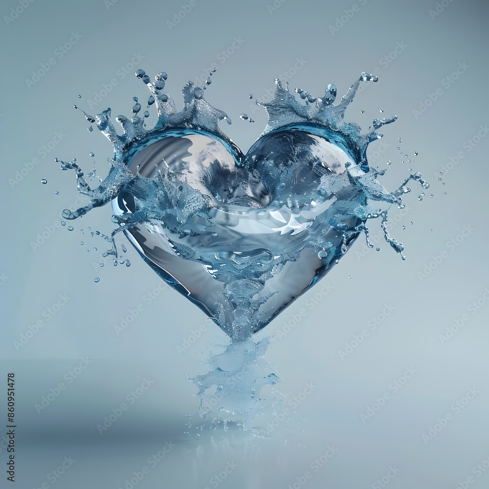 Poster transforming water heart splashing with waves on clean background