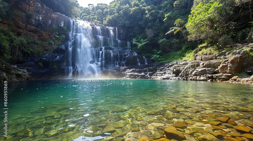 Poster a waterfall cascading down rocky cliffs into a crystal-clear pool, with sunlight filtering through t
