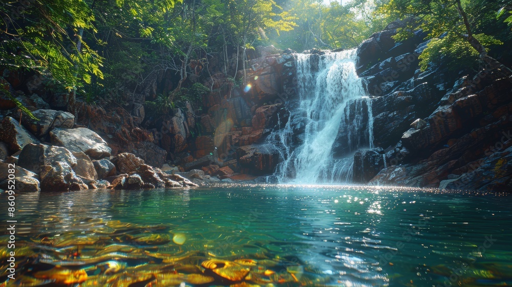 Poster a waterfall cascading down rocky cliffs into a crystal-clear pool, with sunlight filtering through t