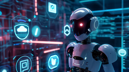 Fototapeta premium A robot is standing in front of a computer screen with a lot of icons