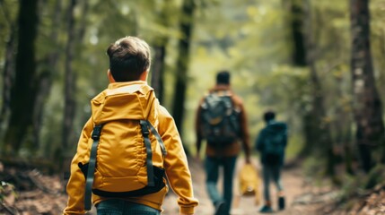 Fototapeta premium A family, including a child in a yellow jacket, hiking together along a forest trail, surrounded by lush greenery.