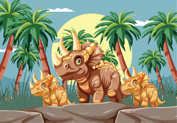 Triceratops family walking in lush prehistoric jungle © blueringmedia
