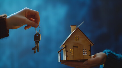 Closeup of hand holding keys and wooden house model against blue background : Generative AI