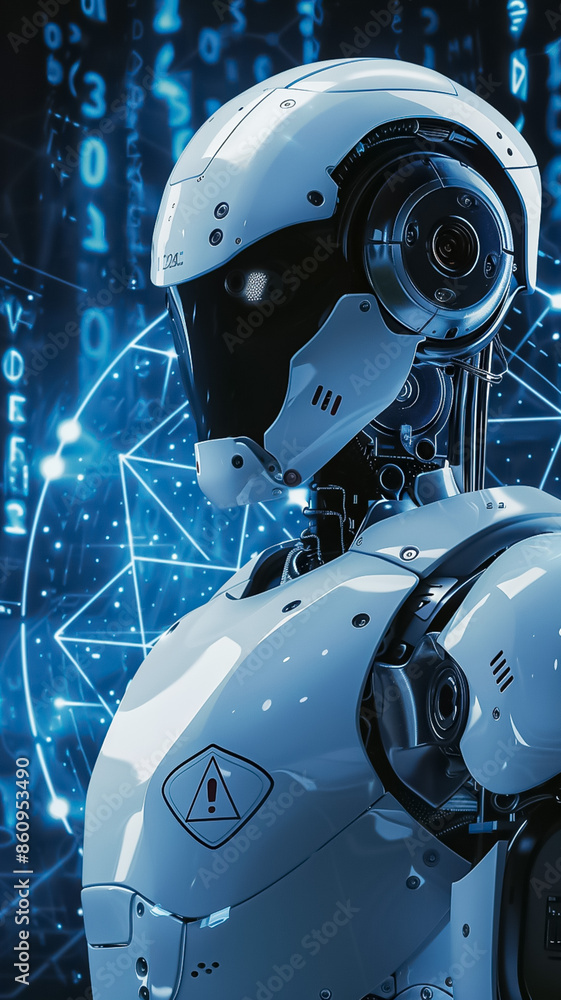 Poster a robot with a red light on its head stands in front of a blue background