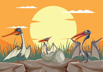 Pterodactyls with egg against a sunset background © blueringmedia