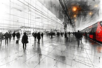  Abstract black and white architectural sketch of a bustling downtown area with skyscrapers and traffic, high resolution