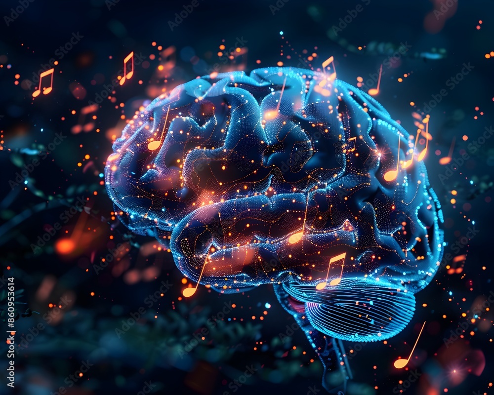 Poster illuminated brain with musical elements symbolizing intellectual creativity and cognition