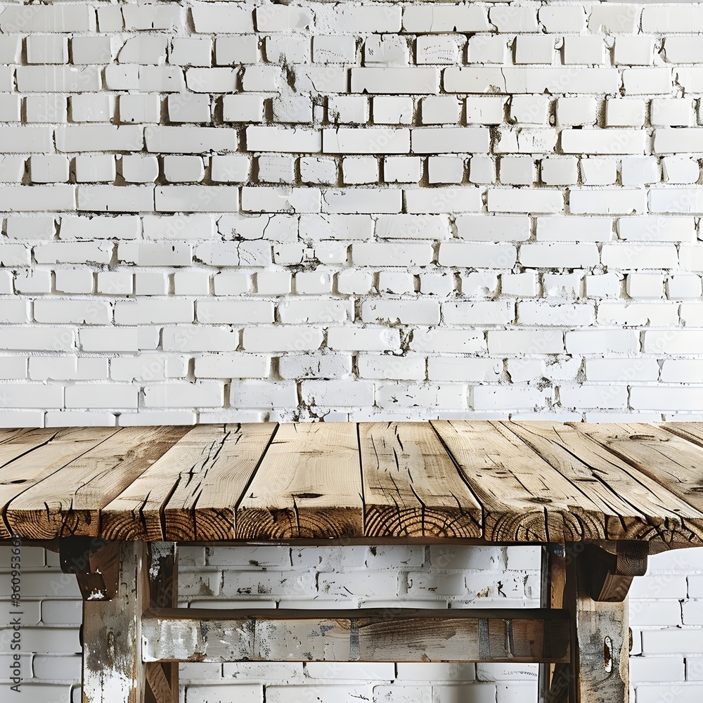 Poster rustic wooden table in front of white brick wall empty display concept with copy space