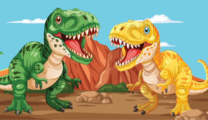 Two dinosaurs roaring in a rocky landscape