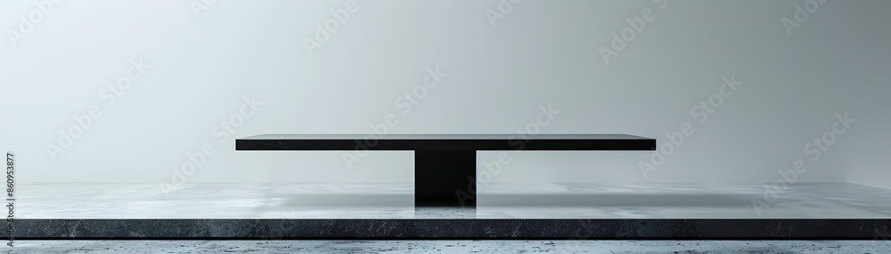 Poster minimalist black table with sleek design against white background for product display concept