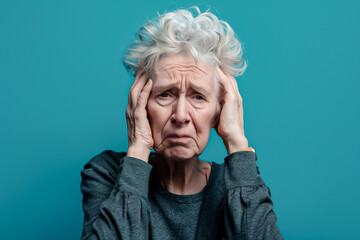A woman with gray hair is looking down and holding her head