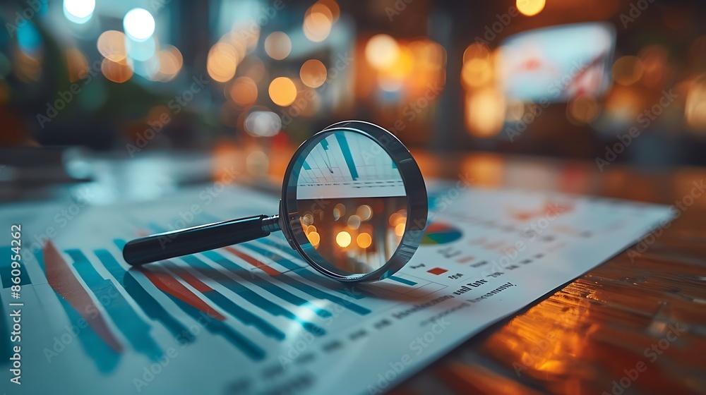 Poster magnifying glass on business charts and graphs