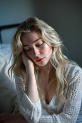 A woman with blonde hair is sleeping on a bed