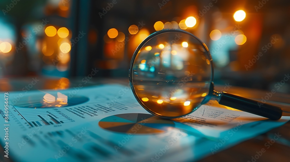 Poster magnifying glass on a financial report with blurred lights in the background