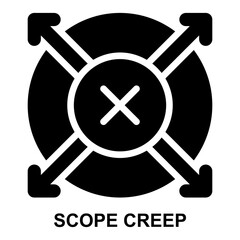 scope creep, uncontrolled, scope, reach, creep, project management solid glyph icon