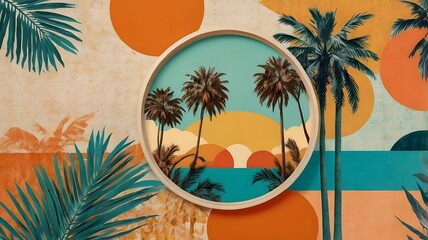 Obraz premium Vibrant vintage-inspired collage featuring palm trees within a circular frame, surrounded by abstract summer motifs in warm, citrusy shades of orange and turquoise. 