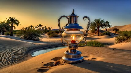 Obraz premium Desert Oasis Tranquility: Oil Lamp & Palm Trees