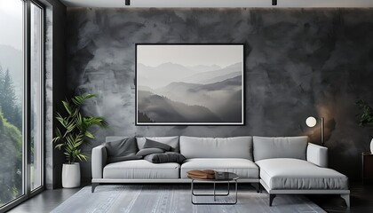 Modern Living Room Interior with Mountain View Artwork