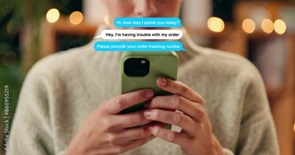 Poster icon, hands and woman with smartphone, chatting and digital app for delivery service, chatbot and ne