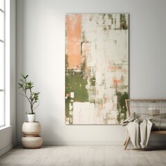 Minimalist living room with abstract painting and wicker chair