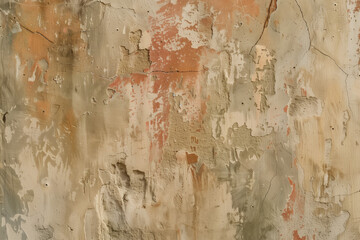 Rustic Textured Wall with Earthy Neutrals Color Washing Technique. Aged effect. Palette of beige, brown, clay red, green, and gray with subtle variations. High-resolution. Soft and layered finish.