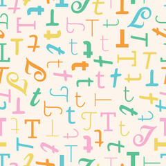 Letter T Alphabet seamless pattern playful decorative repeat backdrop background colorful decoration wrapping paper initial baby