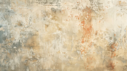 Rustic Textured Wall with Earthy Neutrals Color Washing Technique. Aged effect. Palette of beige, brown, clay red, green, and gray with subtle variations. High-resolution. Soft and layered finish.