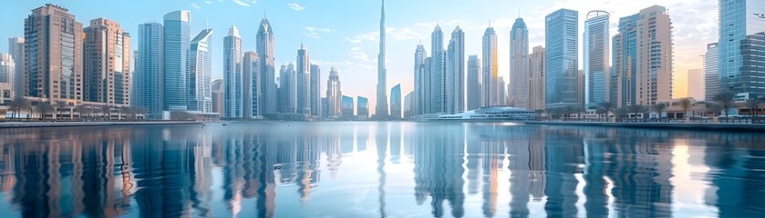 Serene Reflection of a Towering Cityscape in a Tranquil Body of Water
