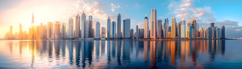 Obraz premium Panoramic View of Tall Skyscrapers Reflecting in Calm Waterfront at Sunset
