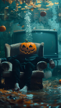 Man with a Halloween head in an armchair at the bottom of the sea, in an underwater horror scene