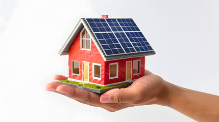 Hand holding an energy efficient model house with solar panels ecology and sustainability concept On white backgroundbackground : Generative AI